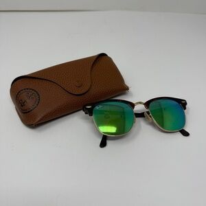Ray Ban Clubmaster Classic Tortoise Shell Frame Mirrored Green Lenses Sunglasses
